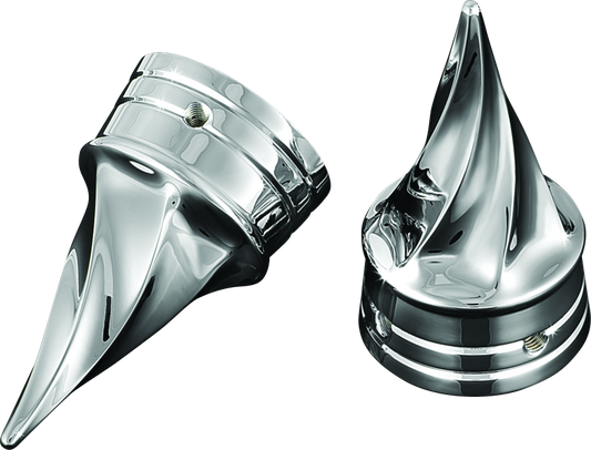 Chrome Kuryakyn Twisted Axle Caps for Harley Davidson and Sportster models, featuring a sleek, twisted design.