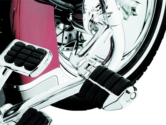 Kuryakyn Longhorn Offset Dually ISO Pegs with 1-1/4 inch clamp in chrome for motorcycle comfort and style.