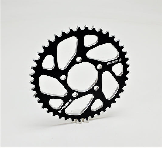 Warp 9 Racing aluminum and stainless steel rear E-Moto sprocket with 42 teeth for Surron, Talaria, and similar electric motorcycles.