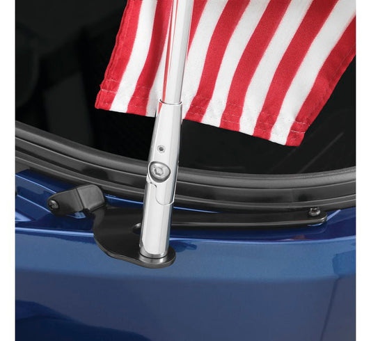 Show Chrome Accessories folding flag pole for Spyder RT and F3 LTD, chrome finish, left side mounted, compatible with Bill's Exhausts.