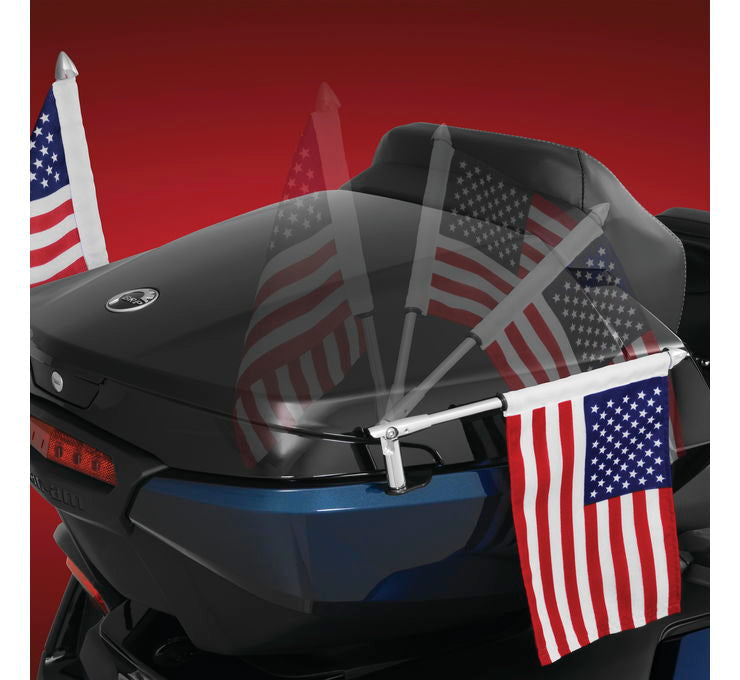 Show Chrome Accessories folding flag pole for Spyder RT and F3 LTD, chrome finish, left side mounted, motorcycle flag display.