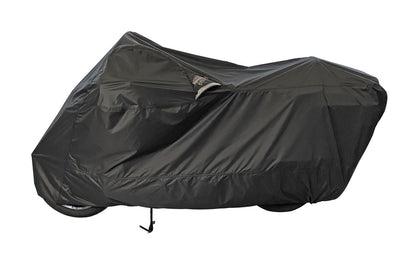 Black DOWCO Weatherall Plus motorcycle cover with ratchet attachment, designed for outdoor protection of bikes.