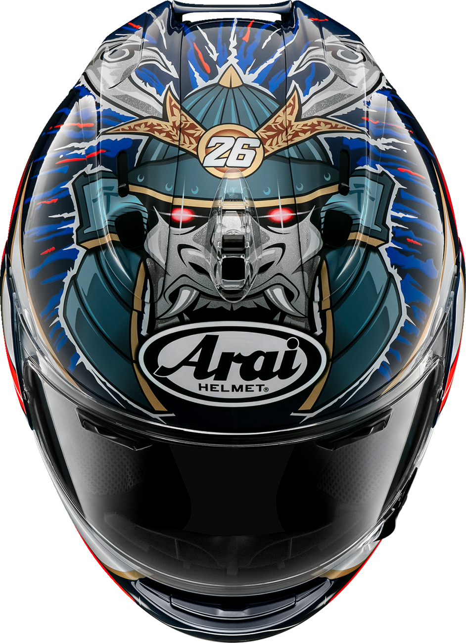Arai Corsair-X Dani Samurai-3 motorcycle helmet in large with VAS shield mechanism and advanced safety features, front view.