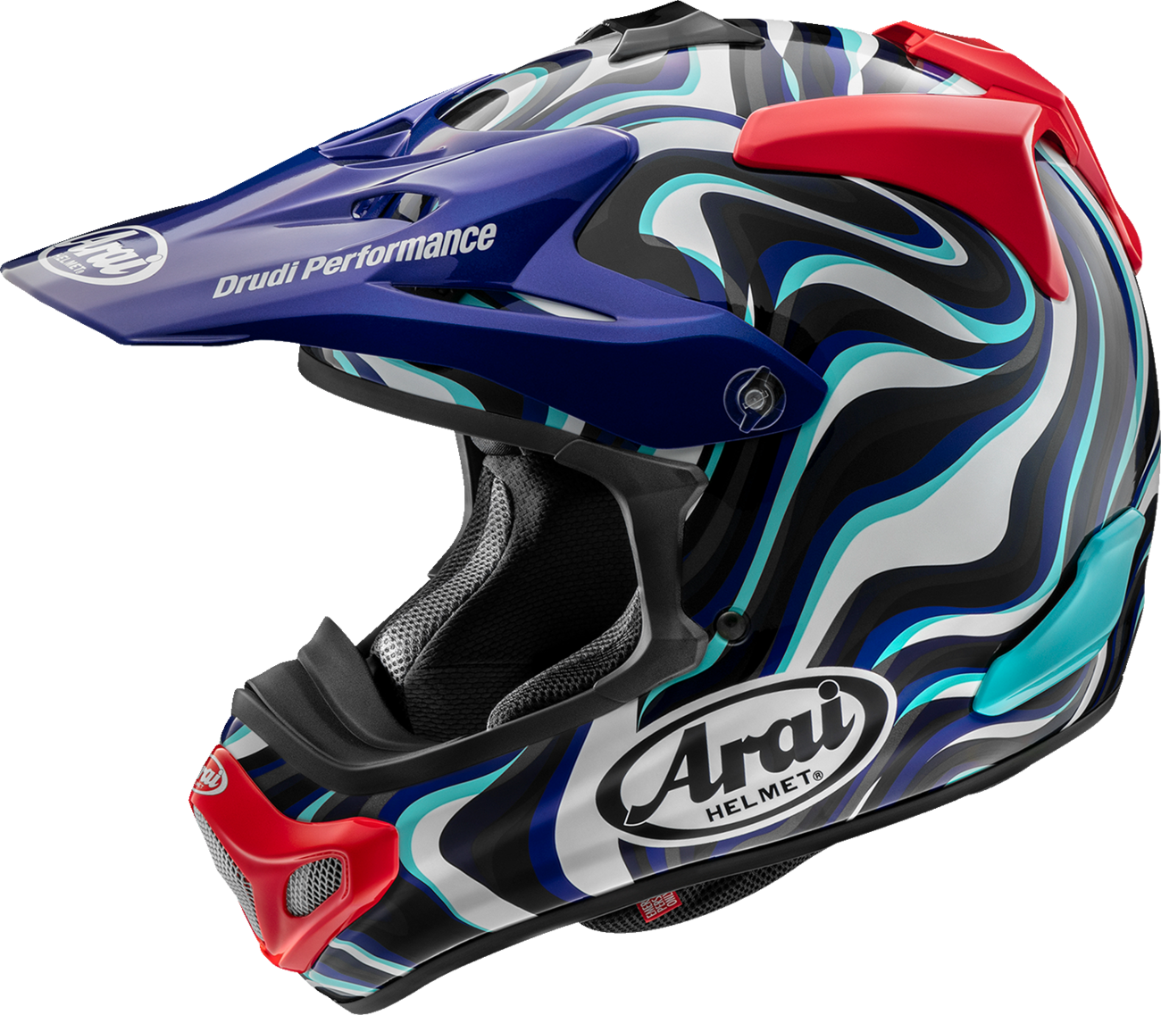 Arai VX-Pro4 Stream helmet in blue, extra large size, with aerodynamic design and branding visible on the helmet shell.
