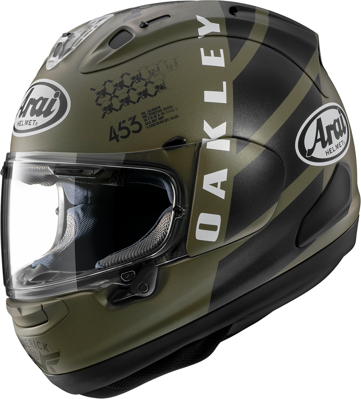 Arai Corsair-X MVK Oakley motorcycle helmet in XS with sleek black and orange design, featuring ventilation and clear visor.
