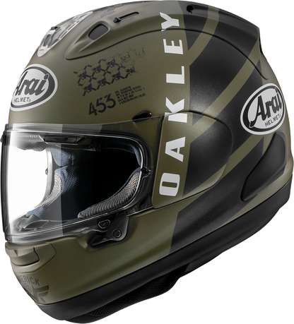 Arai Corsair-X MVK Oakley motorcycle helmet in XS with sleek black and orange design, featuring ventilation and clear visor.