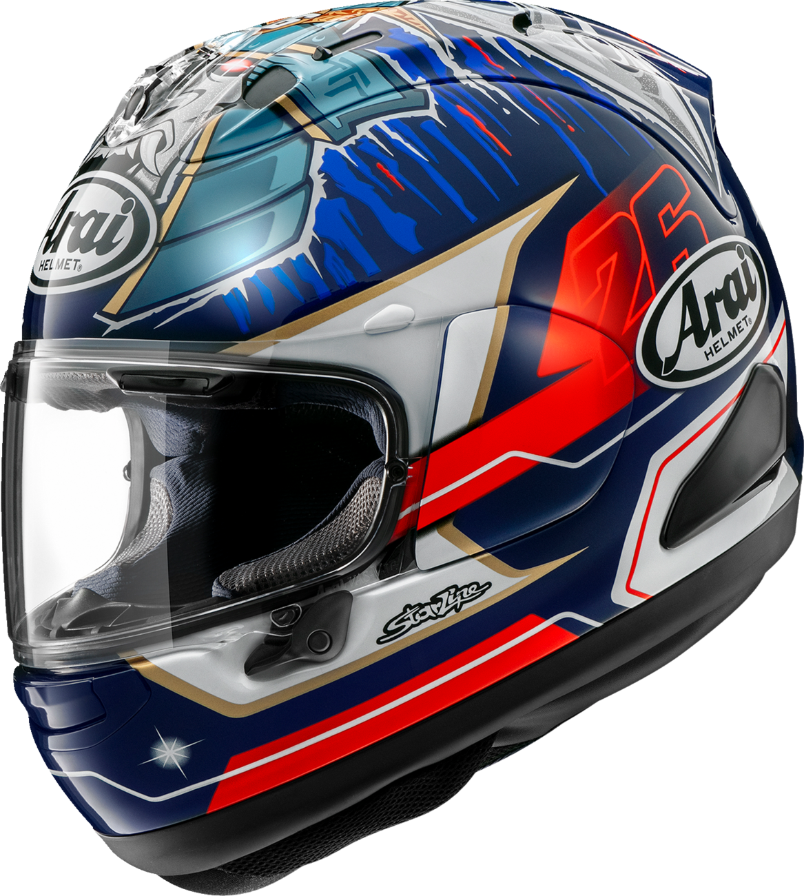Arai Helmets Corsair-X Dani Samurai-3 XS with VAS Shield mechanism and advanced safety features, shown in a detailed view.