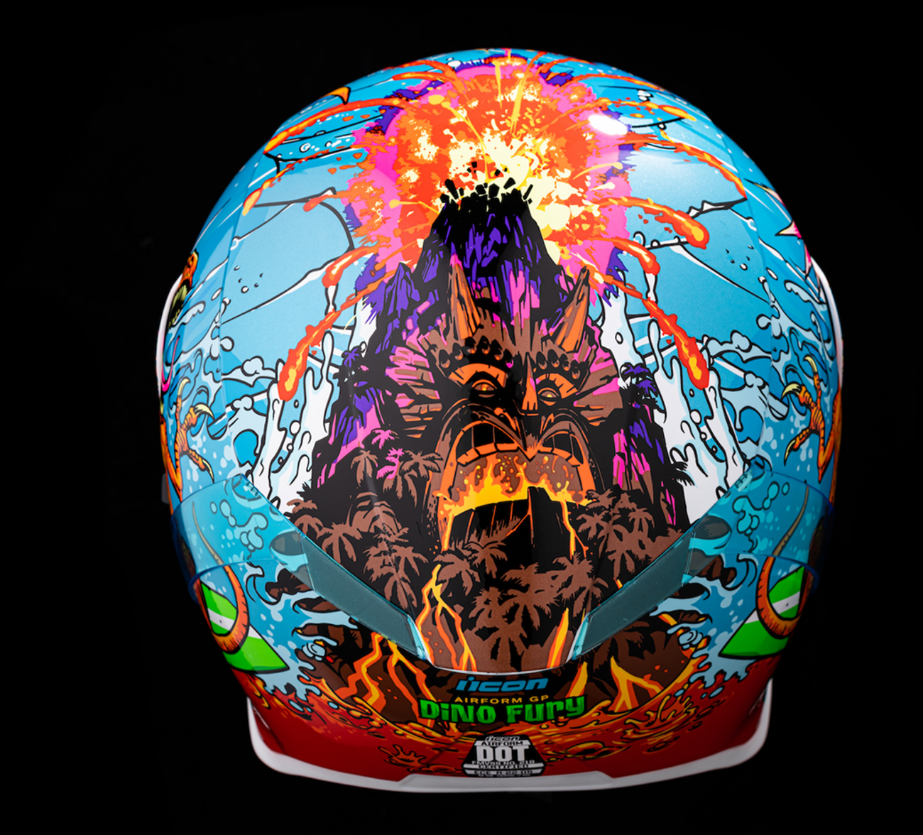 ICON Airform Dino Fury helmet in medium size, featuring a colorful dinosaur design and aerodynamic helmet shape by Bill's Exhausts