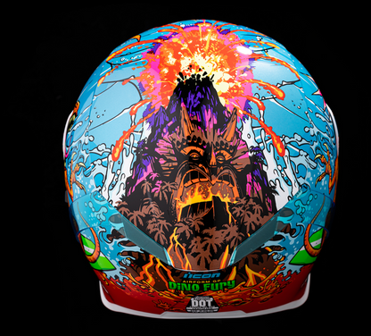 ICON Airform Dino Fury helmet in medium size, featuring a colorful dinosaur design and aerodynamic helmet shape by Bill's Exhausts