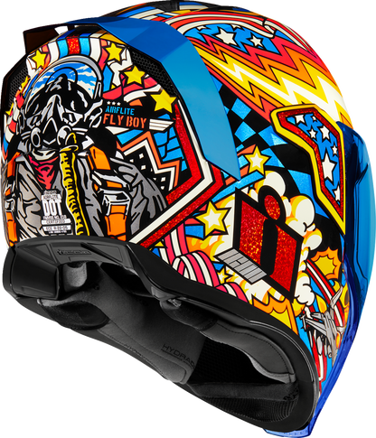 Blue ICON Airflite™ Flyboy helmet in 2XL size with sleek aerodynamic design and clear visor, featuring bold graphics.