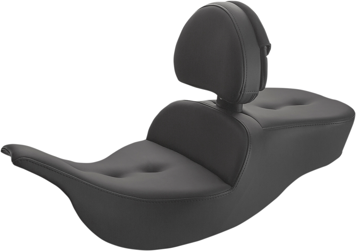 Bill's Exhausts SADDLEMEN Roadsofa Pillow Top Seat with backrest in black, featuring a comfortable padded design and sturdy frame.