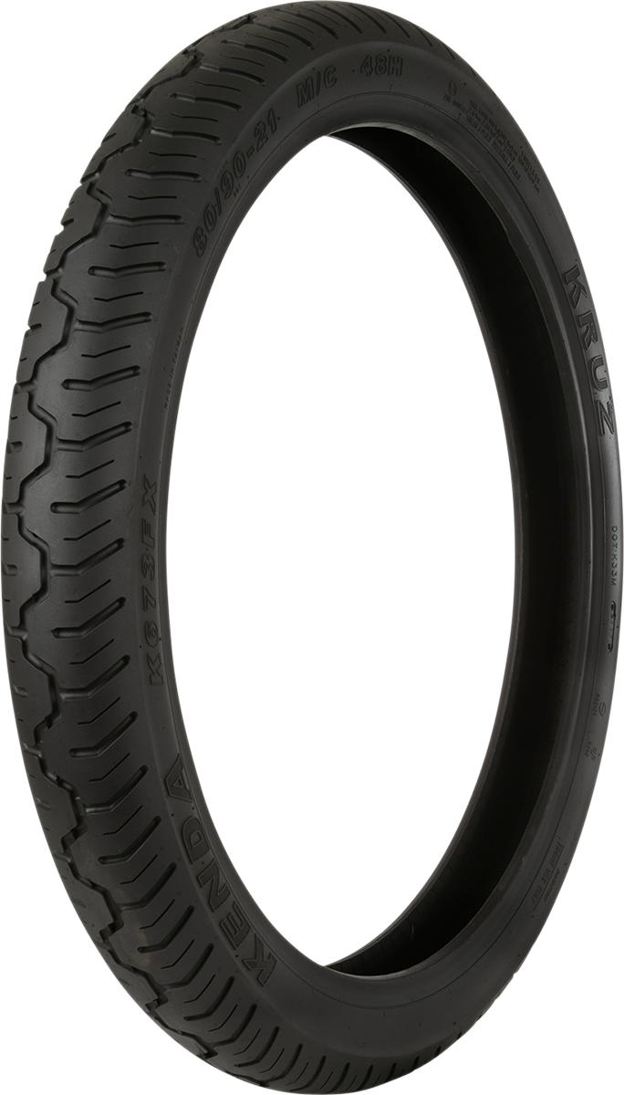 KENDA K673 Kruz front motorcycle tire 110/90-19 with improved handling and all-weather performance, featuring rugged tread design.