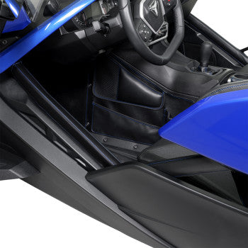 Blue SHOW CHROME Frame Tube Cover for Slingshot H44-11BLU by Bill's Exhausts, shown on motorcycle frame.