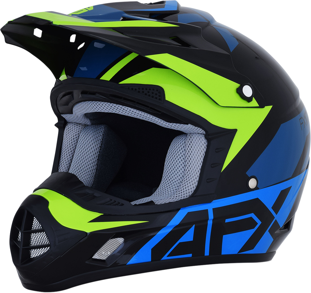 Blue and lime AFX FX-17 helmet in 2XL size, featuring a sleek design and aerodynamic shape, by Bill's Exhausts.