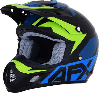 Blue and lime AFX FX-17 motorcycle helmet in large size by Bill's Exhausts, featuring a sleek aerodynamic design.