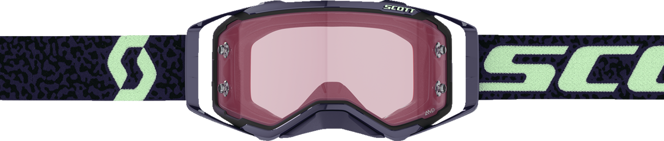 Scott Prospect Amplifier Goggle in dark purple and mint with rose accents, featuring adjustable strap and clear lens for outdoor sports.