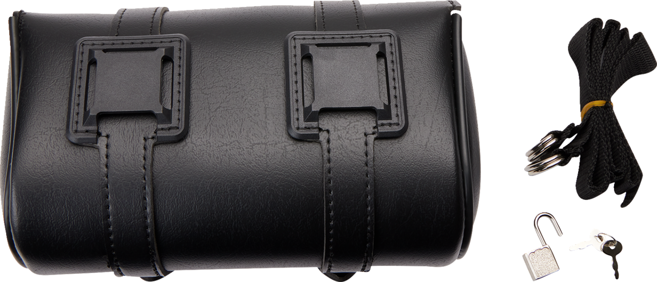 Medium SADDLEMEN Drifter Tool Bag mounted on motorcycle seat, featuring sturdy construction and secure fastening by Bill's Exhausts.