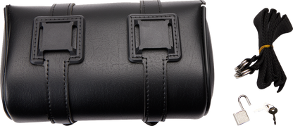 Medium SADDLEMEN Drifter Tool Bag mounted on motorcycle seat, featuring sturdy construction and secure fastening by Bill's Exhausts.