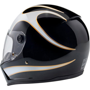 BILTWELL Lane Splitter helmet in gloss black with white flames, XS size, featuring a sleek motorcycle helmet design.