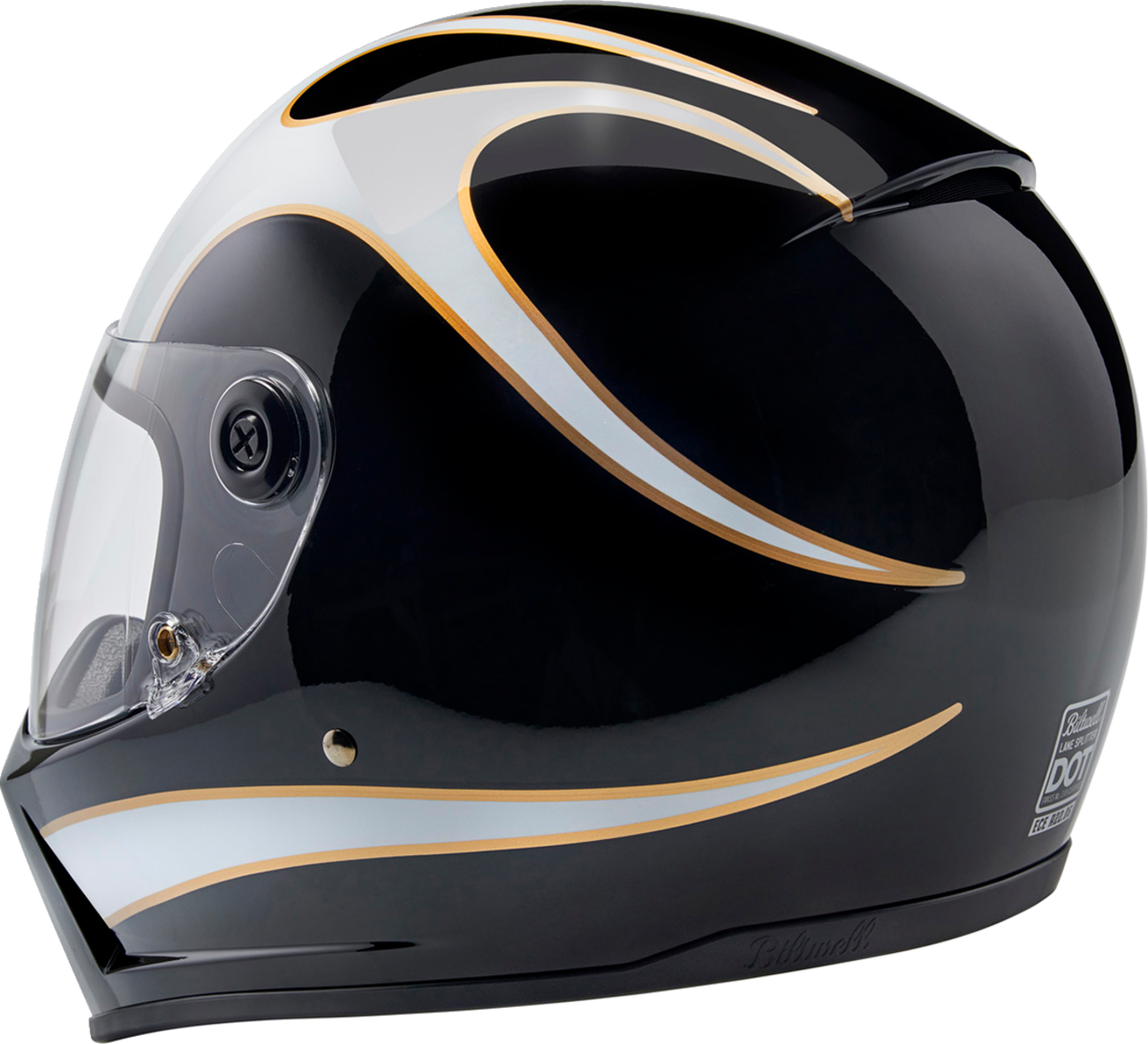 BILTWELL Lane Splitter helmet in gloss black with white flames, small size, featuring sleek motorcycle helmet design.