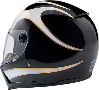 BILTWELL Lane Splitter helmet in gloss black with white flame design, medium size, featuring a sleek motorcycle helmet style.