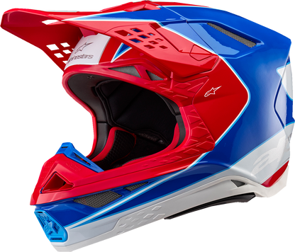 Alpinestars Supertech M10 Aeon helmet in gloss bright red and blue with MIPS® safety feature, large size, shown from side view.