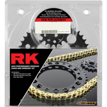 RK drive train chain and sprocket kit for BMW S 1000 R 2014-2020, showing chain, sprockets, and mounting hardware.