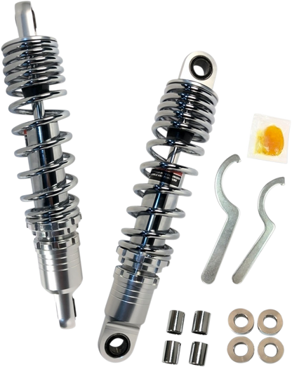 Chrome DRAG SPECIALTIES SHOCKS premium ride-height adjustable shocks, 12.5-inch length, featuring sleek chrome finish.