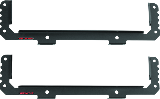 Kuryakyn Takrak Utility Cradles in black attached to Polaris Ranger UTV, heavy-duty tool and gear holders for off-road vehicles