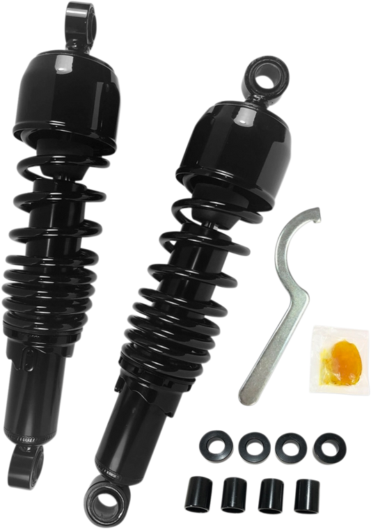 Black Drag Specialties shocks, 12.5-inch replacement shock absorbers, showing the assembled shock absorber with mounting hardware