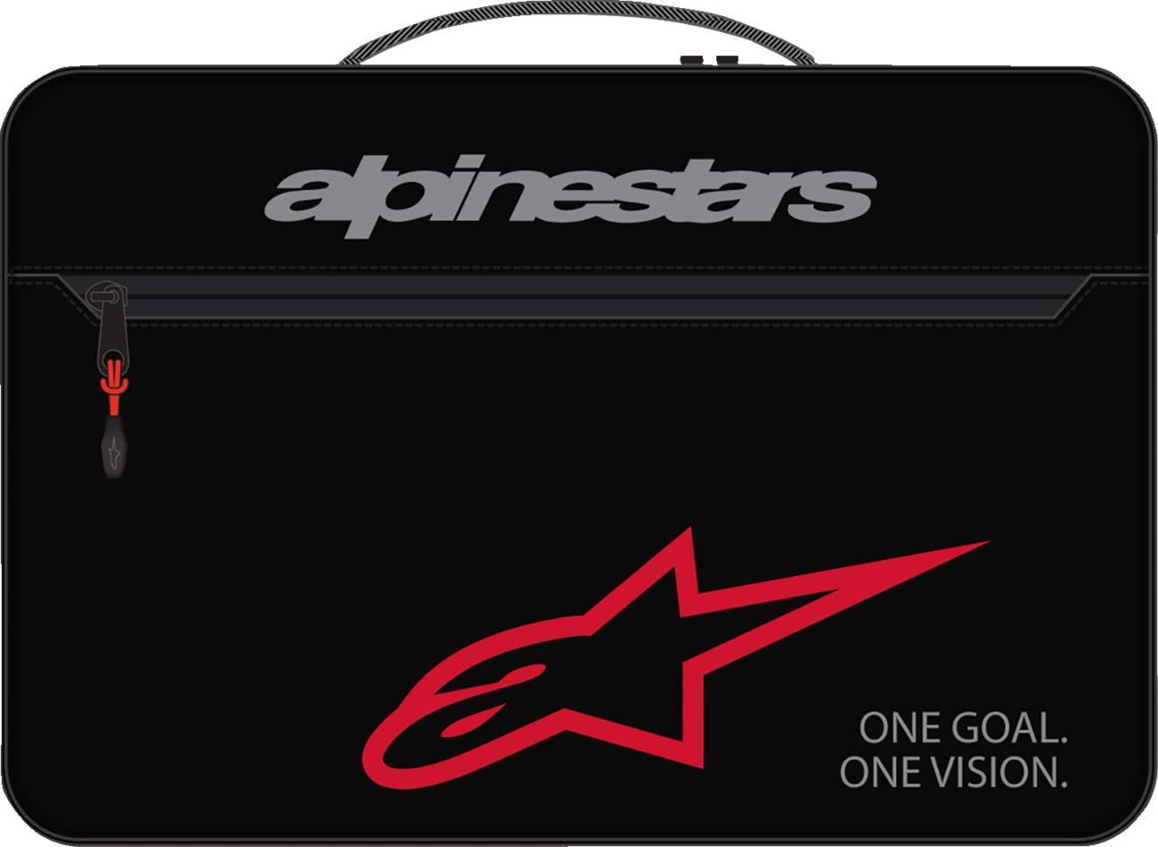 Alpinestars Supertech Vision goggles with protective case, featuring adjustable strap and clear lens for motocross racing.