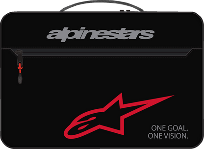 Alpinestars Supertech Vision goggles with protective case, featuring adjustable strap and clear lens for motocross racing.