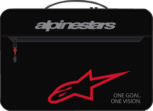 Alpinestars Supertech Vision goggles with protective case, featuring adjustable strap and clear lens for motocross racing.