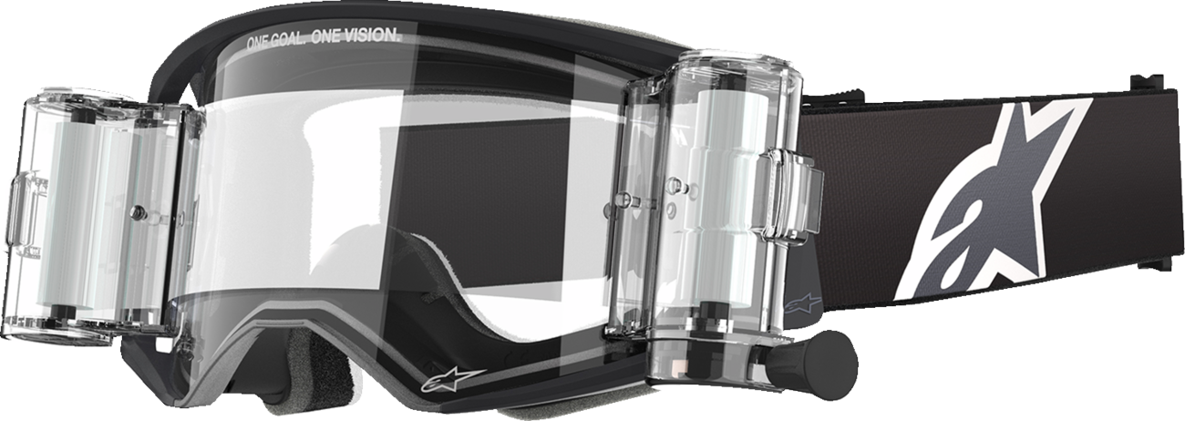 Alpinestars Gogglessupertech roll-off goggles with black/gray frame and clear lens for motocross or racing.