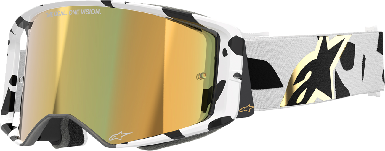 Alpinestars GOGGLES Supertech white motorcycle goggles with gold mirror lens and ABS frame, designed for racing and high-performance riding.