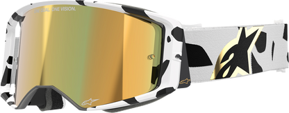 Alpinestars GOGGLES Supertech white motorcycle goggles with gold mirror lens and ABS frame, designed for racing and high-performance riding.