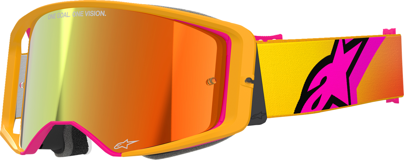 Alpinestars Supertech goggles with fluo yellow frame and red mirror lens for motorcycle riding, featuring ABS Vision technology.