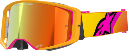 Alpinestars Supertech goggles with fluo yellow frame and red mirror lens for motorcycle riding, featuring ABS Vision technology.