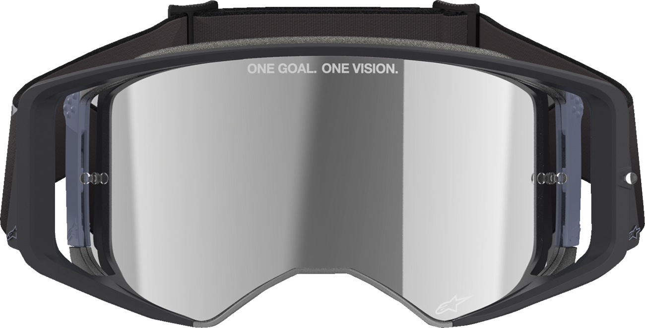 Alpinestars Supertech goggles with gray mirror lens, featuring an aerodynamic design and adjustable strap.