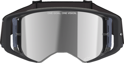 Alpinestars Supertech goggles with gray mirror lens, featuring an aerodynamic design and adjustable strap.
