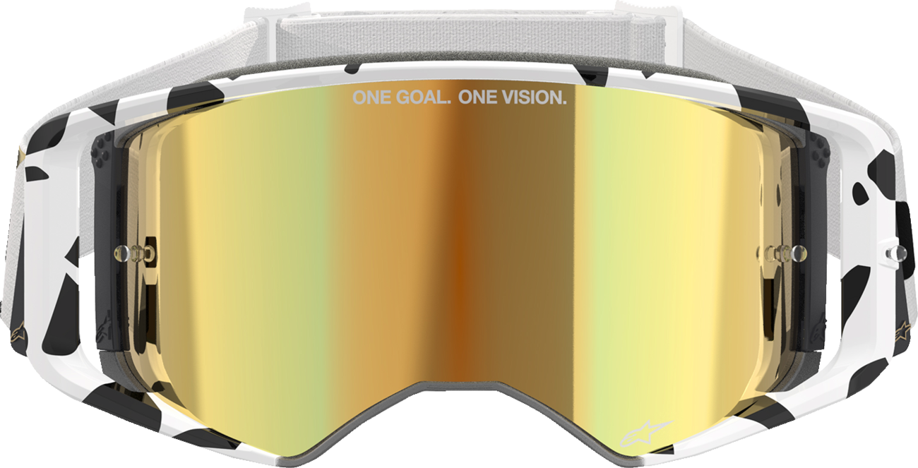 Alpinestars GOGGLES Supertech white goggles with gold mirror lens, featuring a sleek design and adjustable strap.