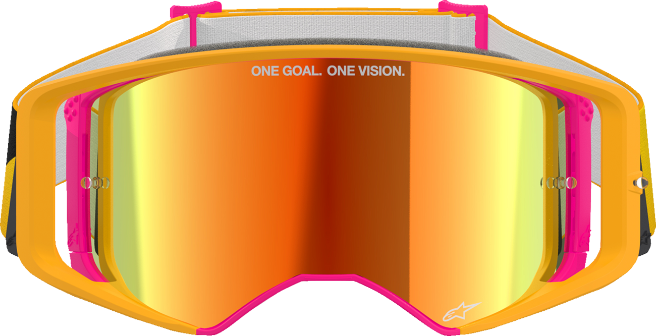 Alpinestars Supertech goggles with fluorescent yellow frame and red mirror lens, featuring ABS Vision technology.