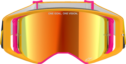 Alpinestars Supertech goggles with fluorescent yellow frame and red mirror lens, featuring ABS Vision technology.