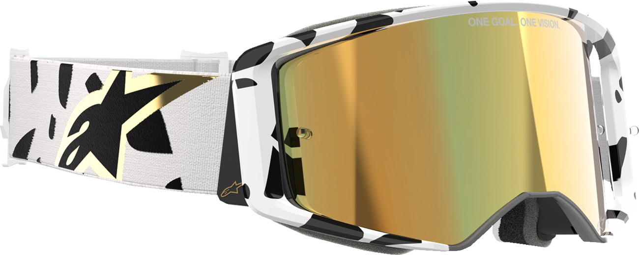 Alpinestars GOGGLES Supertech white frame with gold mirror lens, designed for motocross or racing helmets.