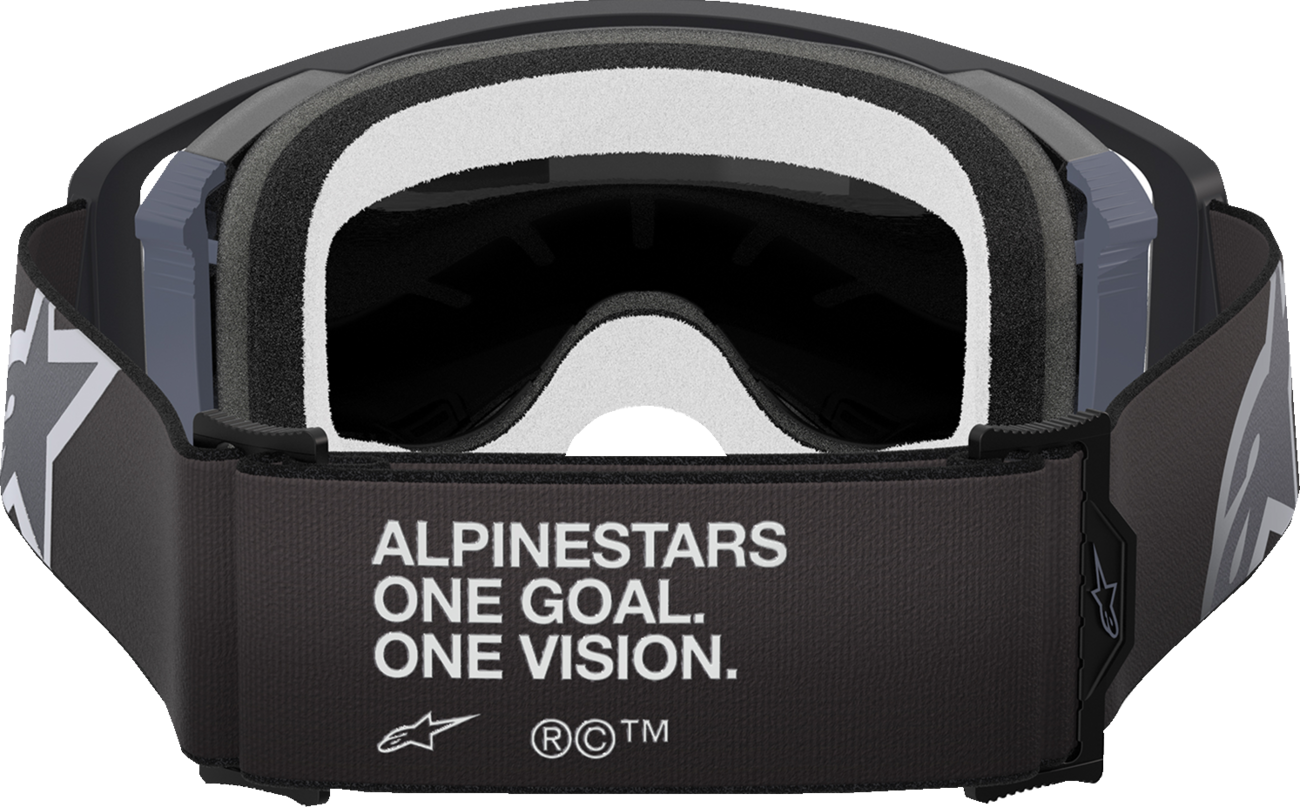 Alpinestars Supertech goggles with ABS Vision gray mirror lens, featuring a sleek design and adjustable strap for motorcycle riding.