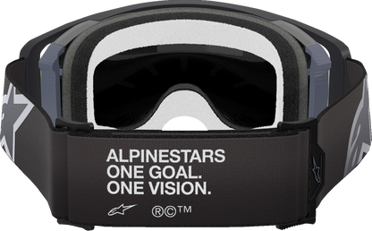 Alpinestars Supertech goggles with ABS Vision gray mirror lens, featuring a sleek design and adjustable strap for motorcycle riding.