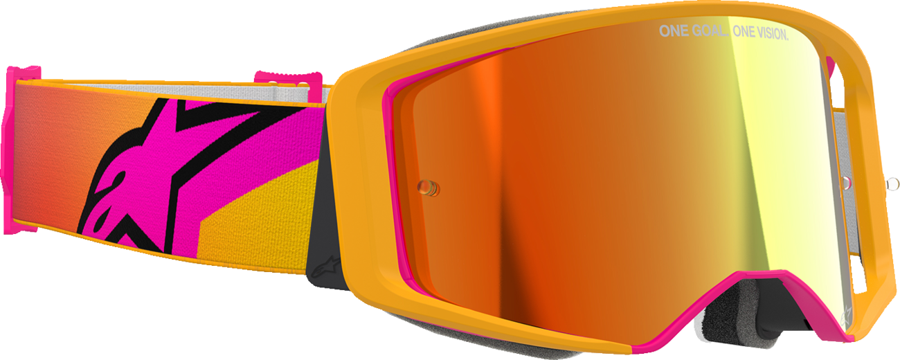 Alpinestars Supertech goggles with fluo yellow frame and red mirror lens, featuring ABS Vision for motorcycle riding safety.