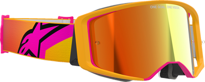 Alpinestars Supertech goggles with fluo yellow frame and red mirror lens, featuring ABS Vision for motorcycle riding safety.