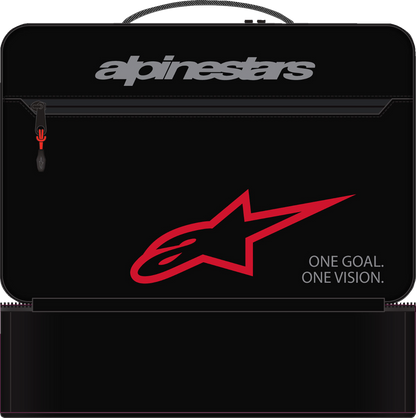 Alpinestars Gogglessupertech Vision goggles with protective case, featuring clear lens and adjustable strap for motorcycle riding.