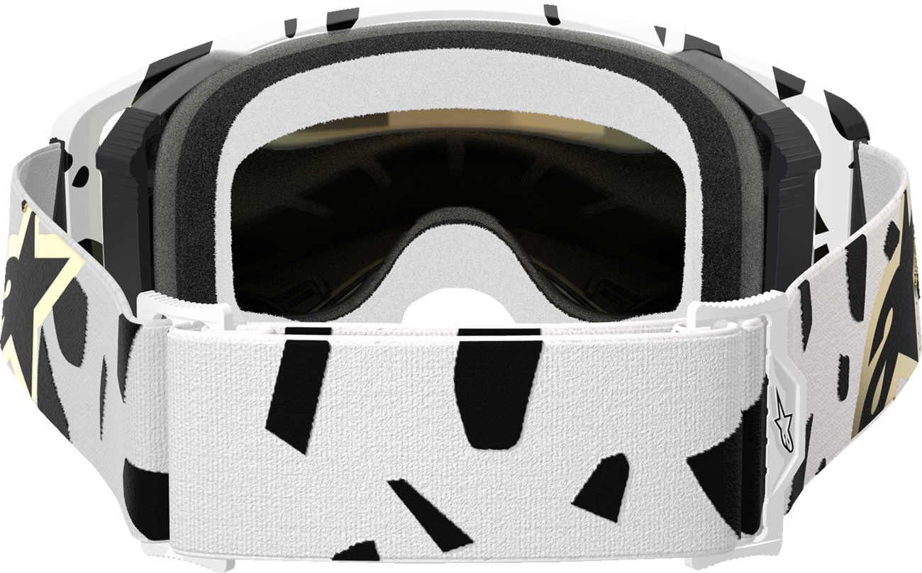 Alpinestars GOGGLES Supertech white goggles with gold mirror lens, designed for motorcycle or motorsport use.